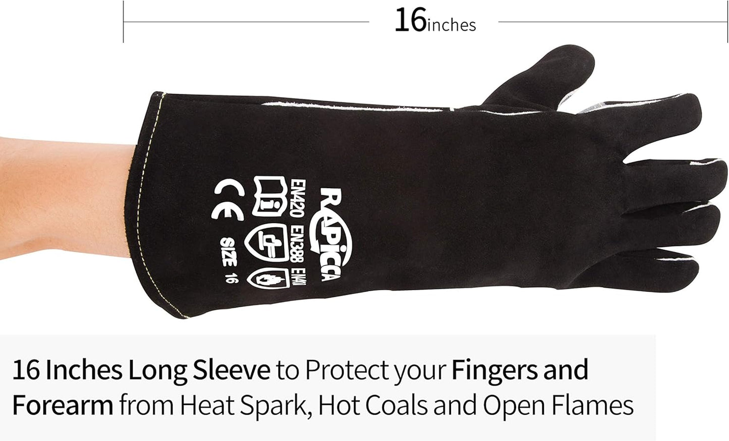 Fireplace Gloves Fire Heat Resistant: Dark-Grey 16IN 932℉ - Fireproof Leather for Fireplace Fire Pit Wood Stove Campfire Furnace BBQ Grill Oven Stick Mig Welding Welder Gear - Birthday Gift XL