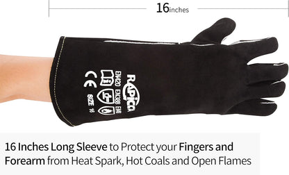 Fireplace Gloves Fire Heat Resistant: Dark-Grey 16IN 932℉ - Fireproof Leather for Fireplace Fire Pit Wood Stove Campfire Furnace BBQ Grill Oven Stick Mig Welding Welder Gear - Birthday Gift XL