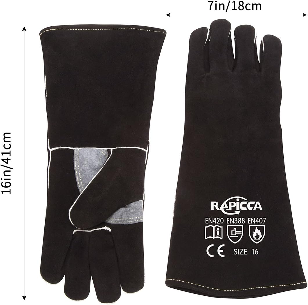 Fireplace Gloves Fire Heat Resistant: Dark-Grey 16IN 932℉ - Fireproof Leather for Fireplace Fire Pit Wood Stove Campfire Furnace BBQ Grill Oven Stick Mig Welding Welder Gear - Birthday Gift XL