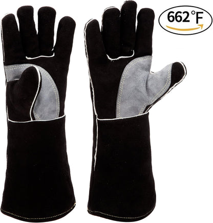 Fireplace Gloves Fire Heat Resistant: Dark-Grey 16IN 932℉ - Fireproof Leather for Fireplace Fire Pit Wood Stove Campfire Furnace BBQ Grill Oven Stick Mig Welding Welder Gear - Birthday Gift XL