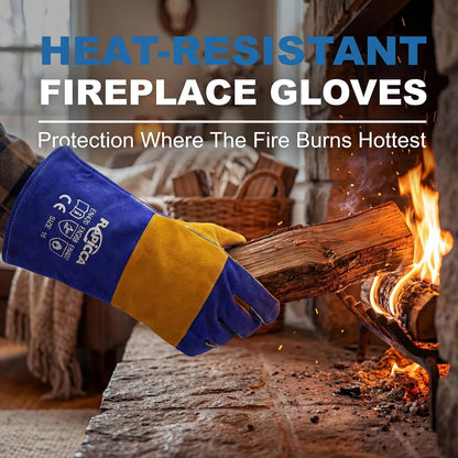 Fireplace Gloves Fire Heat Resistant: Dark-Grey 16IN 932℉ - Fireproof Leather for Fireplace Fire Pit Wood Stove Campfire Furnace BBQ Grill Oven Stick Mig Welding Welder Gear - Birthday Gift XL
