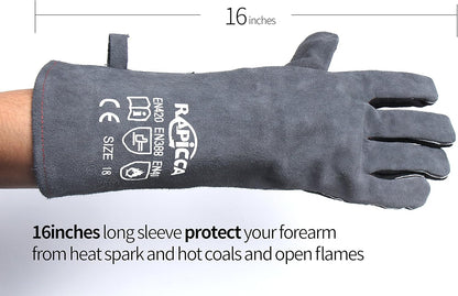 Fireplace Gloves Fire Heat Resistant: Dark-Grey 16IN 932℉ - Fireproof Leather for Fireplace Fire Pit Wood Stove Campfire Furnace BBQ Grill Oven Stick Mig Welding Welder Gear - Birthday Gift XL