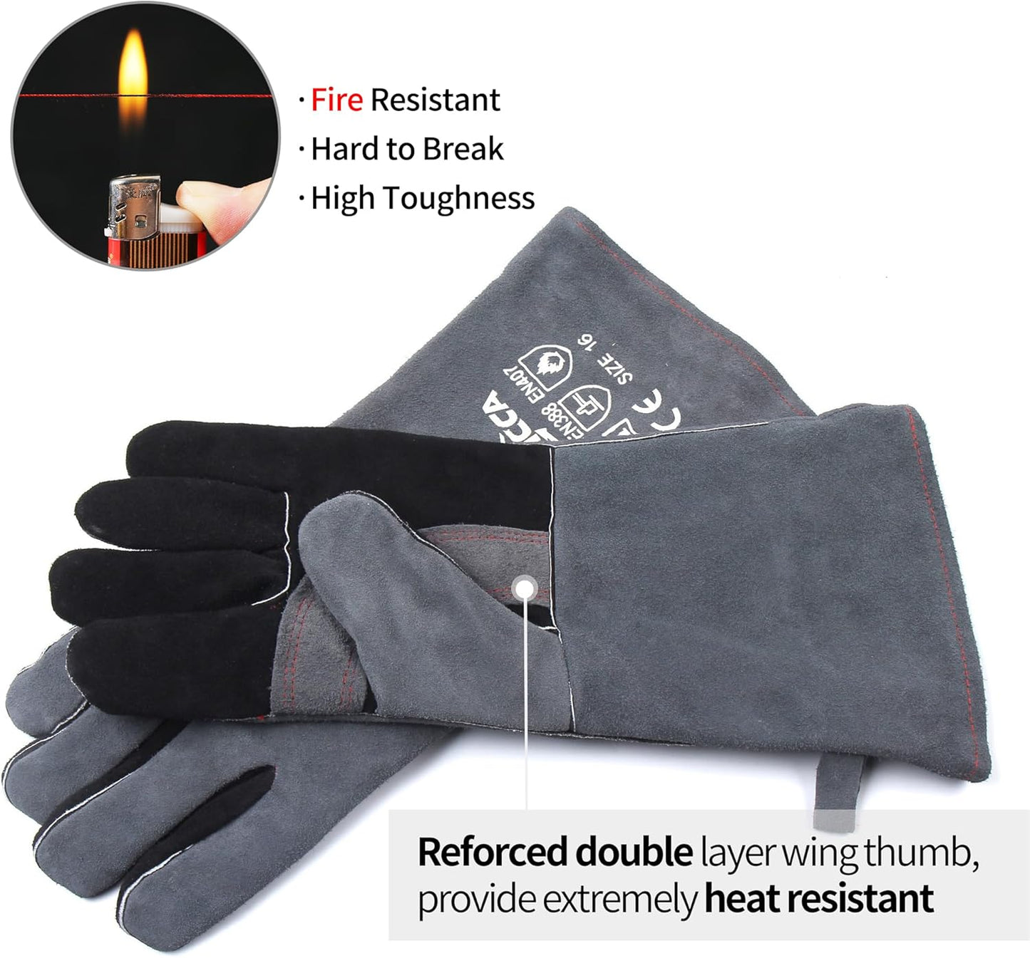 Fireplace Gloves Fire Heat Resistant: Dark-Grey 16IN 932℉ - Fireproof Leather for Fireplace Fire Pit Wood Stove Campfire Furnace BBQ Grill Oven Stick Mig Welding Welder Gear - Birthday Gift XL