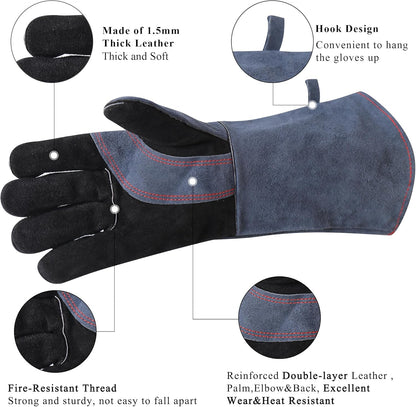Fireplace Gloves Fire Heat Resistant: Dark-Grey 16IN 932℉ - Fireproof Leather for Fireplace Fire Pit Wood Stove Campfire Furnace BBQ Grill Oven Stick Mig Welding Welder Gear - Birthday Gift XL