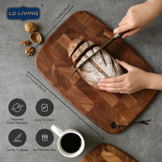 Thai End Grain Acacia Wood End Grain Oval Hanging Cutting Board, best for chopping board, prep station, kitchen deco, cheese, meat, bread, veggies & fruits, 15.7"x11"