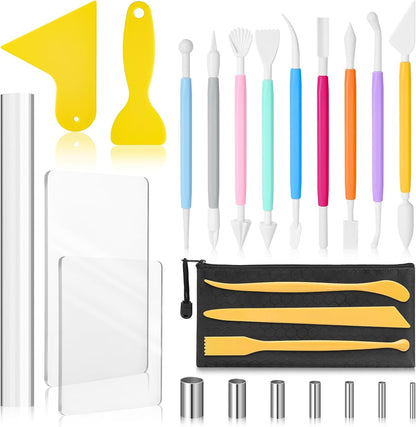 Clay Tools Kit, 12 PCS Polymer Clay Cutter Tools, Rectangle Shape Acrylic Press Board and Roller Pin Supplies Suitable for Shaping, Carving, Pottery Craft and DIY Projects