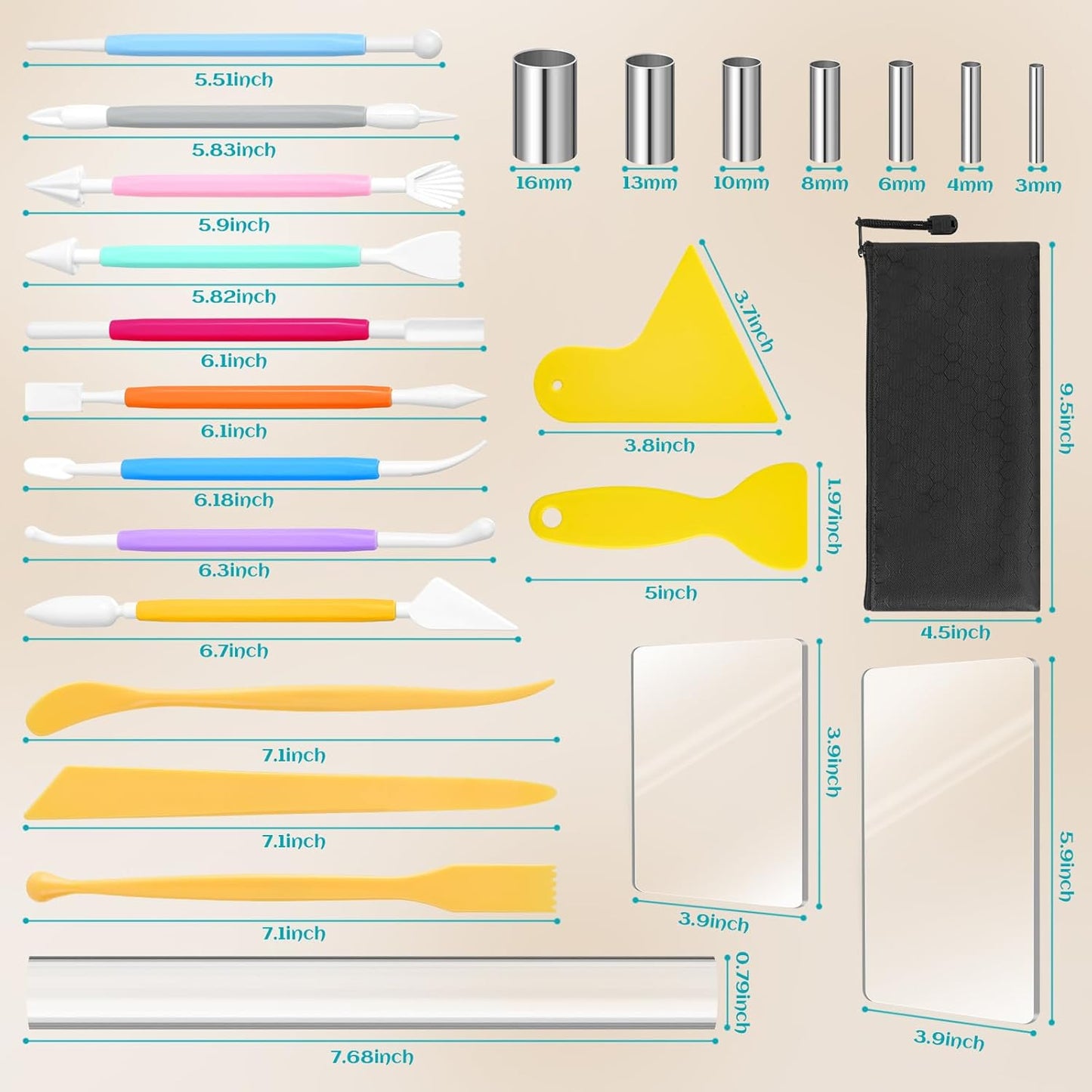 Clay Tools Kit, 12 PCS Polymer Clay Cutter Tools, Rectangle Shape Acrylic Press Board and Roller Pin Supplies Suitable for Shaping, Carving, Pottery Craft and DIY Projects