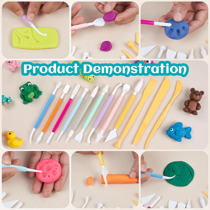 Clay Tools Kit, 12 PCS Polymer Clay Cutter Tools, Rectangle Shape Acrylic Press Board and Roller Pin Supplies Suitable for Shaping, Carving, Pottery Craft and DIY Projects