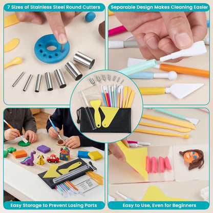 Clay Tools Kit, 12 PCS Polymer Clay Cutter Tools, Rectangle Shape Acrylic Press Board and Roller Pin Supplies Suitable for Shaping, Carving, Pottery Craft and DIY Projects