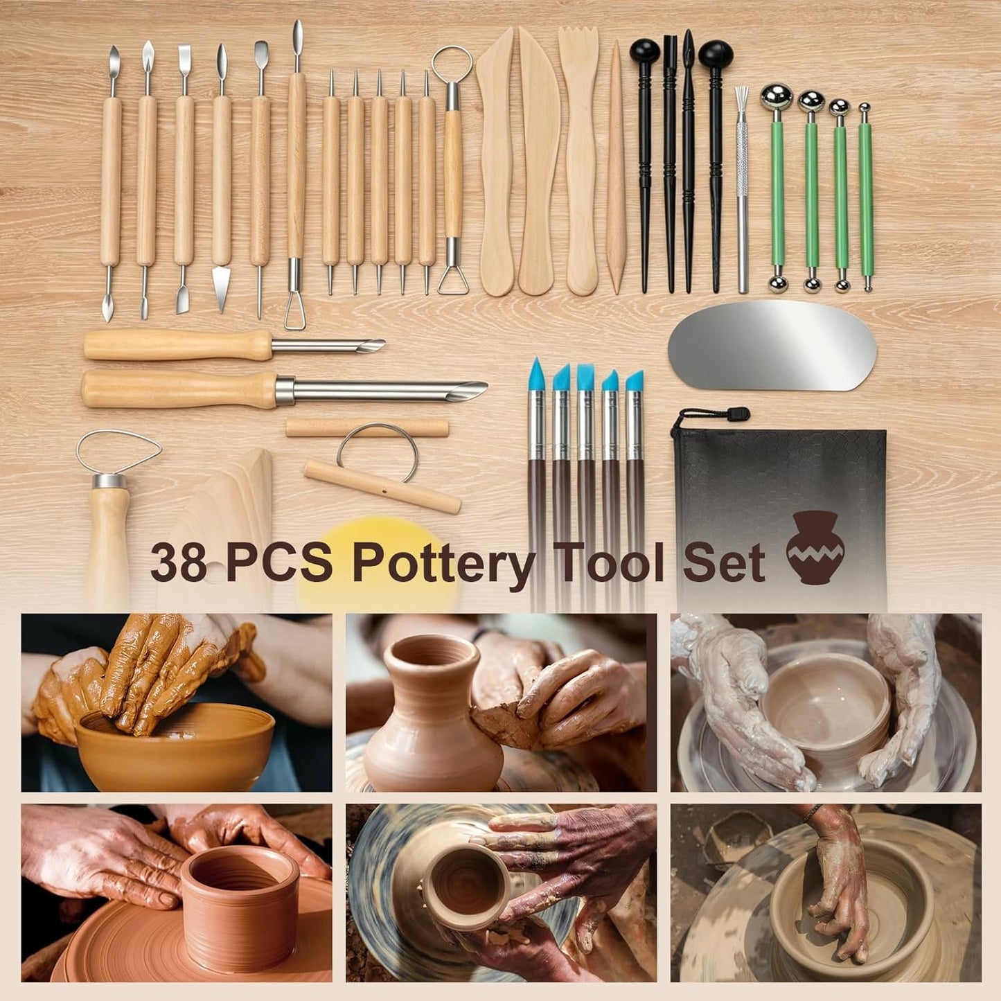 Clay Tools Kit, 12 PCS Polymer Clay Cutter Tools, Rectangle Shape Acrylic Press Board and Roller Pin Supplies Suitable for Shaping, Carving, Pottery Craft and DIY Projects