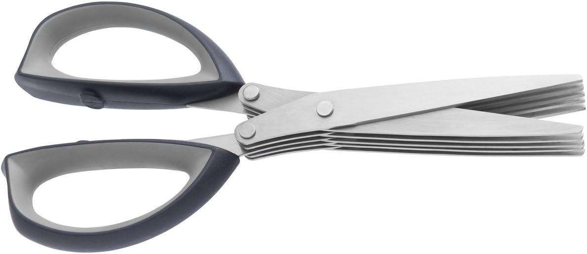 1106253 Stainless Steel 5 Blade Herb Scissors & Cleaning Brush | Multi Blade Kitchen Cutter for Chopping & Snipping Fresh Herbs, Ergonomic Soft Grip Non Slip TPR Handle, Grey Handle
