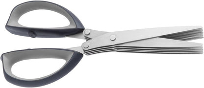 1106253 Stainless Steel 5 Blade Herb Scissors & Cleaning Brush | Multi Blade Kitchen Cutter for Chopping & Snipping Fresh Herbs, Ergonomic Soft Grip Non Slip TPR Handle, Grey Handle