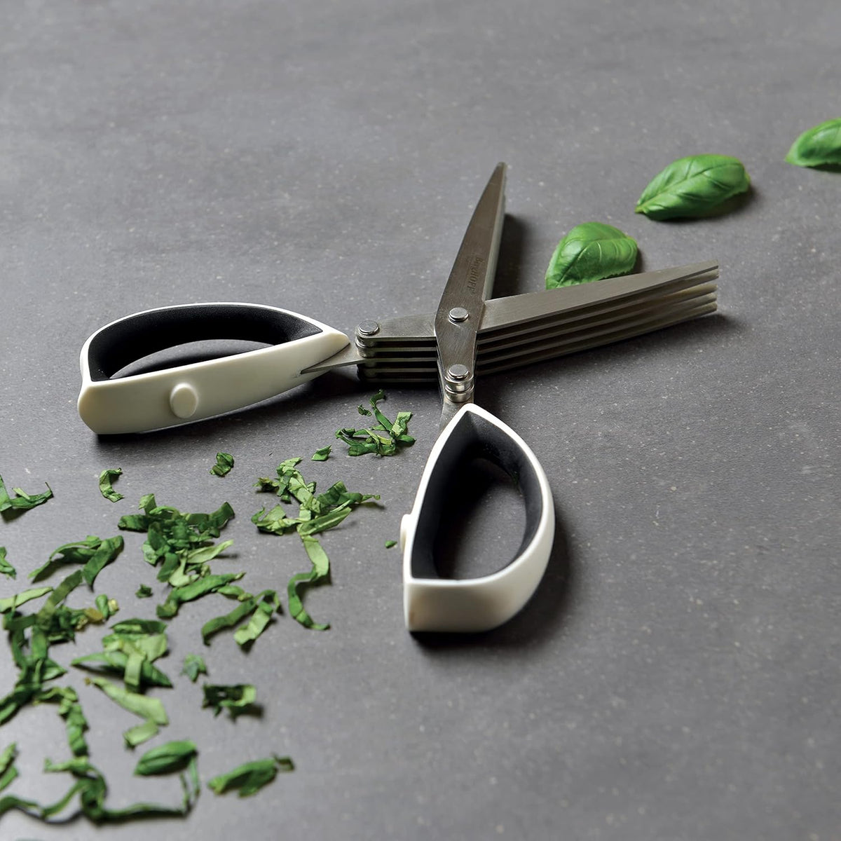 1106253 Stainless Steel 5 Blade Herb Scissors & Cleaning Brush | Multi Blade Kitchen Cutter for Chopping & Snipping Fresh Herbs, Ergonomic Soft Grip Non Slip TPR Handle, Grey Handle