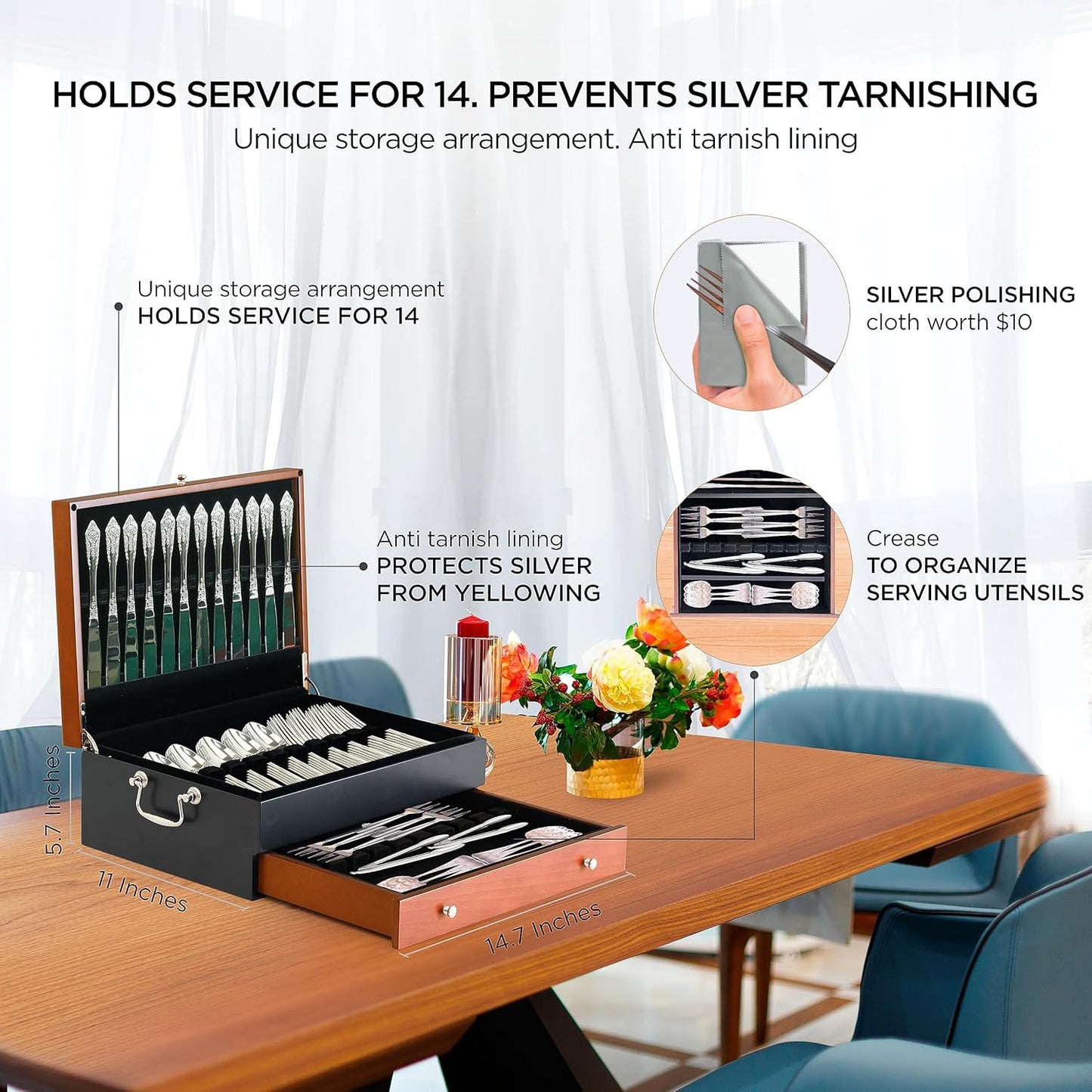 Silverware Storage Box Silverware Chest Case for Silver Flatware for 14 with Lid Tarnish Proof Felt Lined Partition Drawer and Polishing Cloth
