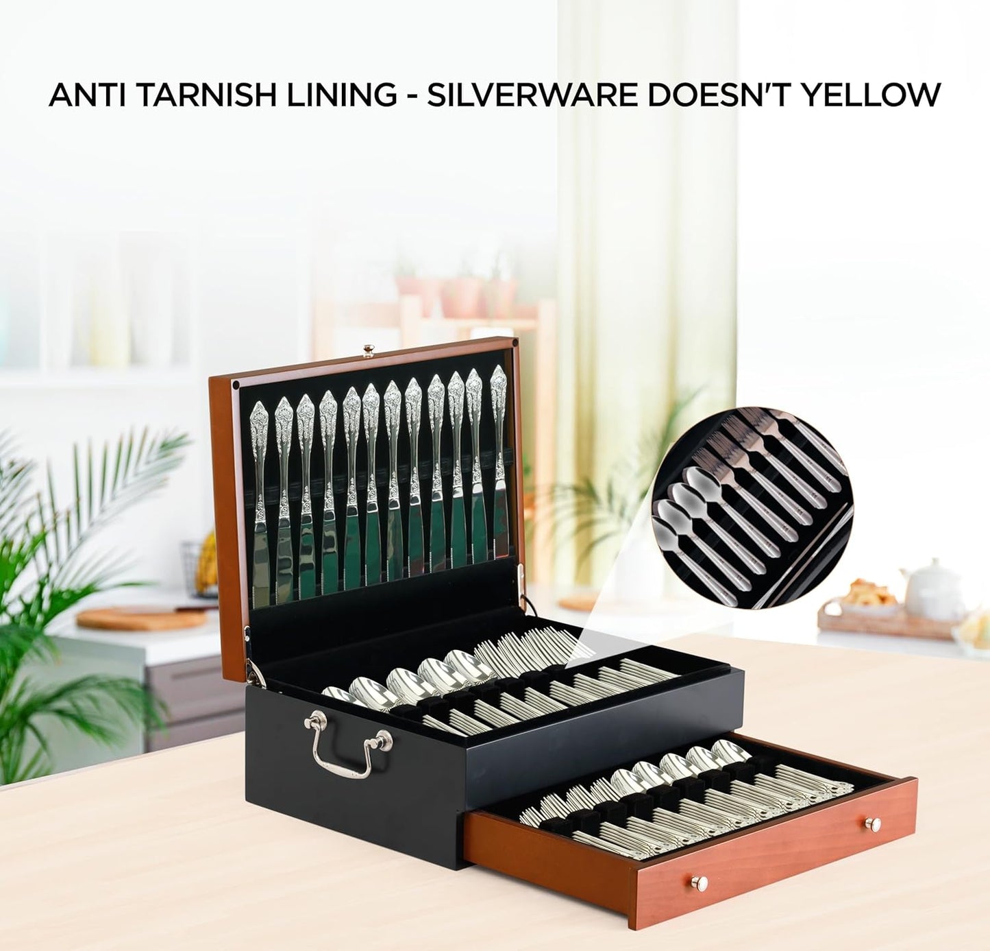 Silverware Storage Box Silverware Chest Case for Silver Flatware for 14 with Lid Tarnish Proof Felt Lined Partition Drawer and Polishing Cloth