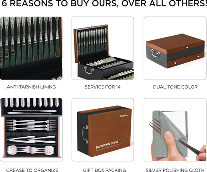 Silverware Storage Box Silverware Chest Case for Silver Flatware for 14 with Lid Tarnish Proof Felt Lined Partition Drawer and Polishing Cloth