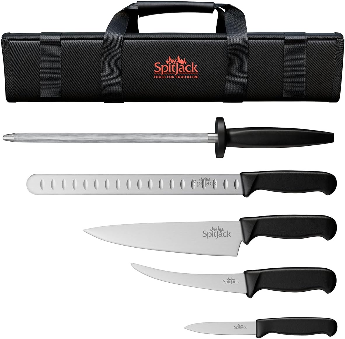 BBQ Butcher Knife Set, Brisket, Chef, Paring, Hone, Case | Includes brisket slicer, boning knife, chef knife, paring knife, sharpening steel, and carry case for BBQ prep.