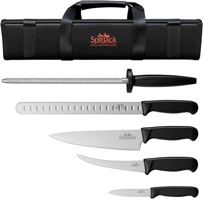 BBQ Butcher Knife Set, Brisket, Chef, Paring, Hone, Case | Includes brisket slicer, boning knife, chef knife, paring knife, sharpening steel, and carry case for BBQ prep.