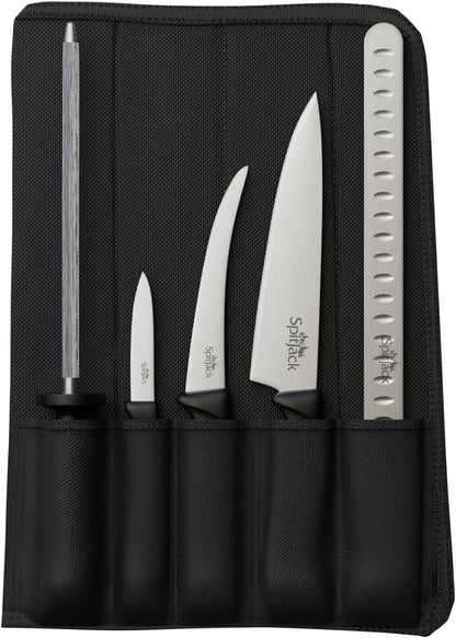 BBQ Butcher Knife Set, Brisket, Chef, Paring, Hone, Case | Includes brisket slicer, boning knife, chef knife, paring knife, sharpening steel, and carry case for BBQ prep.