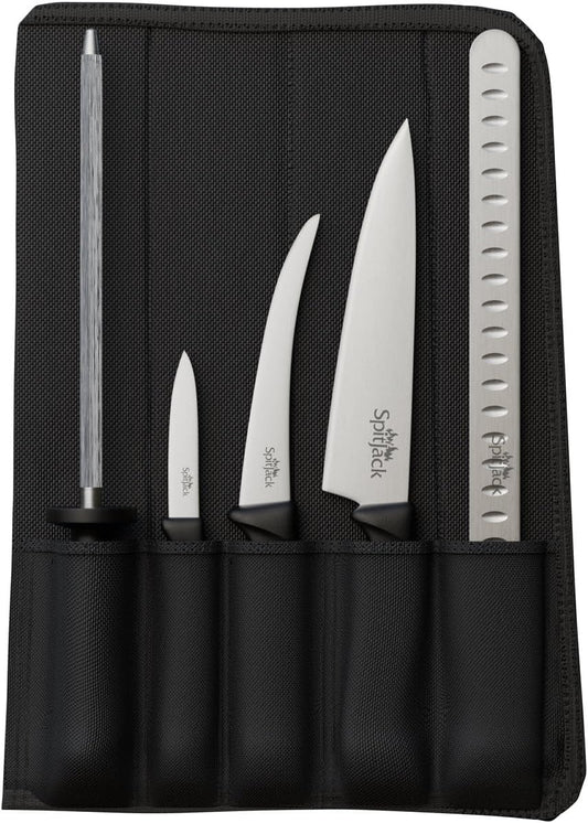 BBQ Butcher Knife Set, Brisket, Chef, Paring, Hone, Case | Includes brisket slicer, boning knife, chef knife, paring knife, sharpening steel, and carry case for BBQ prep.