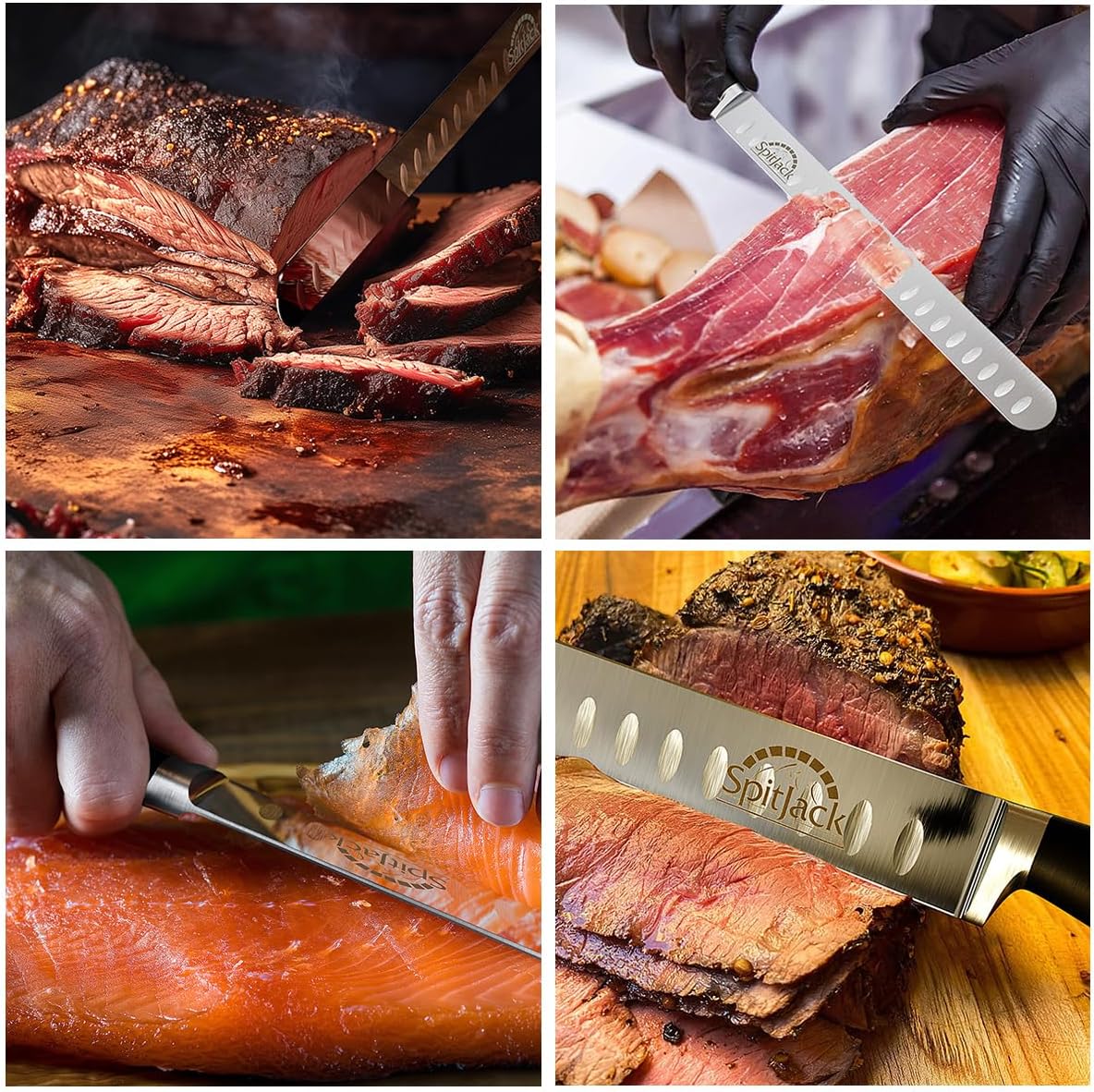 BBQ Butcher Knife Set, Brisket, Chef, Paring, Hone, Case | Includes brisket slicer, boning knife, chef knife, paring knife, sharpening steel, and carry case for BBQ prep.