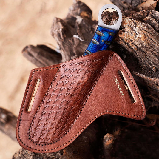 Leather Knife Sheath For Belt, Slanted Pancake Sheath, Tooled Leather Sheath, Beautiful Cow Boy Bull Cutter Knife Cover 100% Real Cross Draw sheath (BROWN)