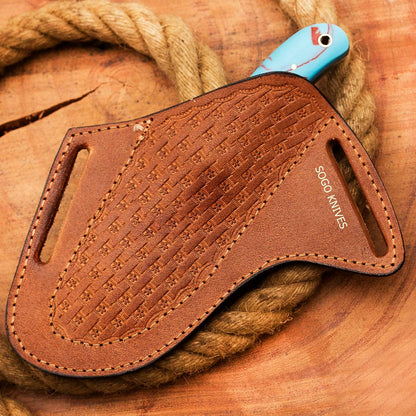 Leather Knife Sheath For Belt, Slanted Pancake Sheath, Tooled Leather Sheath, Beautiful Cow Boy Bull Cutter Knife Cover 100% Real Cross Draw sheath (BROWN)