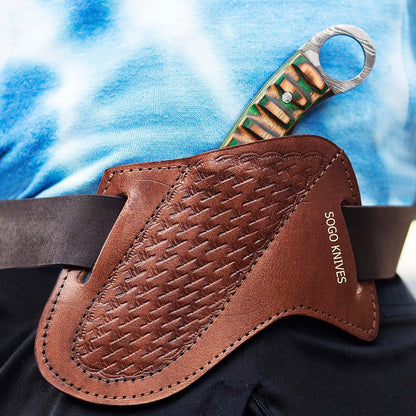 Leather Knife Sheath For Belt, Slanted Pancake Sheath, Tooled Leather Sheath, Beautiful Cow Boy Bull Cutter Knife Cover 100% Real Cross Draw sheath (BROWN)