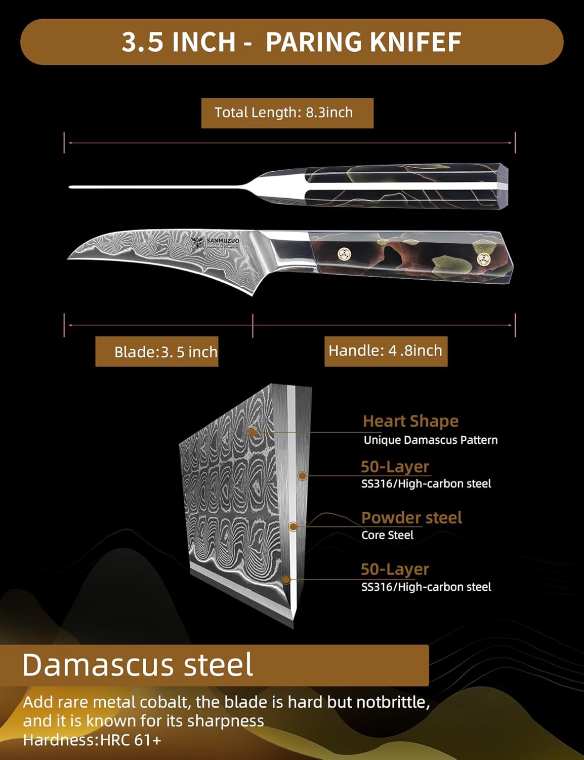 Bird Beak Paring Knife 3.5 Inch, Professional Kitchen Peeling Knife, Ultra Sharp Damascus Powder Steel with Full-tang Resin Handle, Bi Series