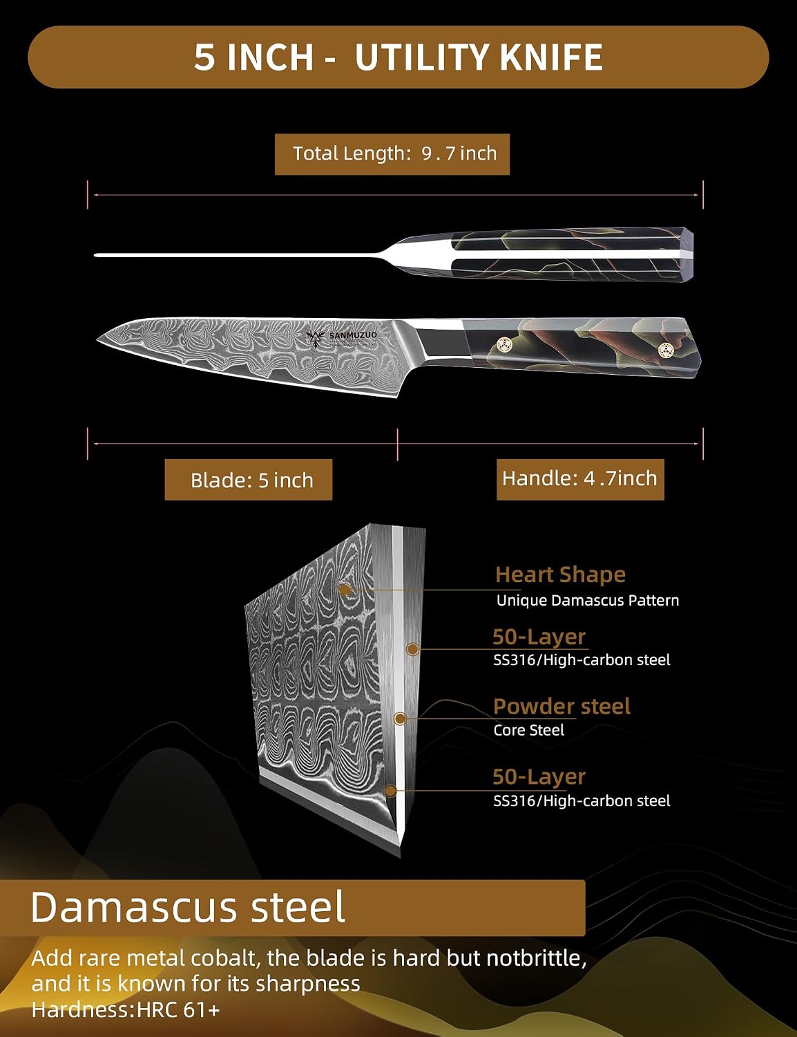 Bird Beak Paring Knife 3.5 Inch, Professional Kitchen Peeling Knife, Ultra Sharp Damascus Powder Steel with Full-tang Resin Handle, Bi Series