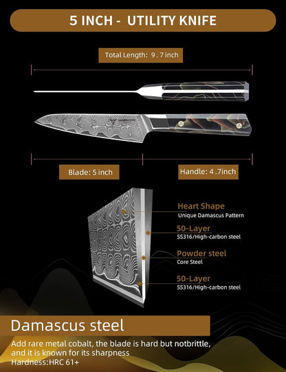 Bird Beak Paring Knife 3.5 Inch, Professional Kitchen Peeling Knife, Ultra Sharp Damascus Powder Steel with Full-tang Resin Handle, Bi Series