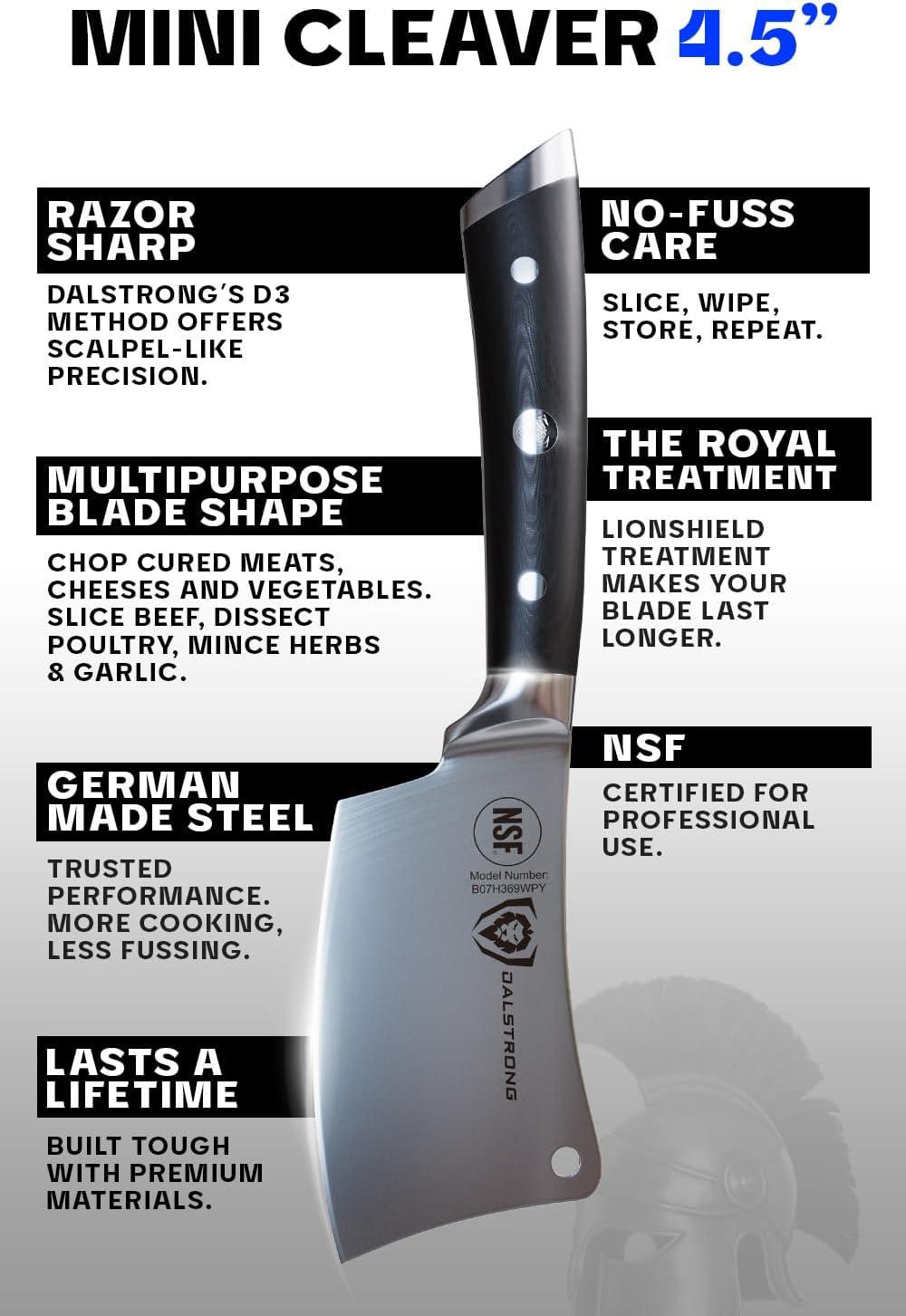 Meat Cleaver Knife -4.5"- Gladiator Series Elite-Heavy Duty Giftable Kitchen Knife - Black Handle-Razor Sharp Knife-Forged High Carbon German Steel -w/Sheath-NSF Certified