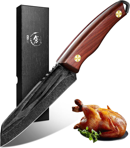 Japanese Tanto Fixed Blade Kitchen Utility Knife with Wood Handle | ATS-34 High Carbon Steel, Wet-Ground Hand Forged, Full Tang Construction, Non-Slip Walnut Wood Handle, Gift Box
