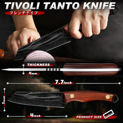 Japanese Tanto Fixed Blade Kitchen Utility Knife with Wood Handle | ATS-34 High Carbon Steel, Wet-Ground Hand Forged, Full Tang Construction, Non-Slip Walnut Wood Handle, Gift Box