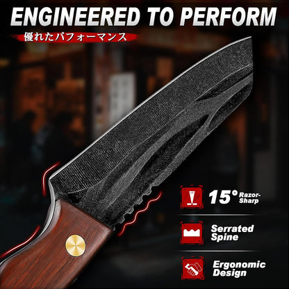 Japanese Tanto Fixed Blade Kitchen Utility Knife with Wood Handle | ATS-34 High Carbon Steel, Wet-Ground Hand Forged, Full Tang Construction, Non-Slip Walnut Wood Handle, Gift Box