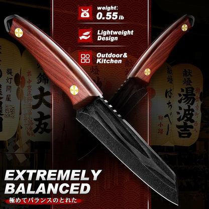 Japanese Tanto Fixed Blade Kitchen Utility Knife with Wood Handle | ATS-34 High Carbon Steel, Wet-Ground Hand Forged, Full Tang Construction, Non-Slip Walnut Wood Handle, Gift Box
