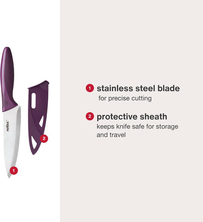 Utility Knife with Sheath Cover - Precision Knife for Cutting & Slicing - Paring Knife for Meat, Fruits & Vegetables - Culinary Kitchen Knife - 5.5" Carbon Stainless Steel Blade - Purple