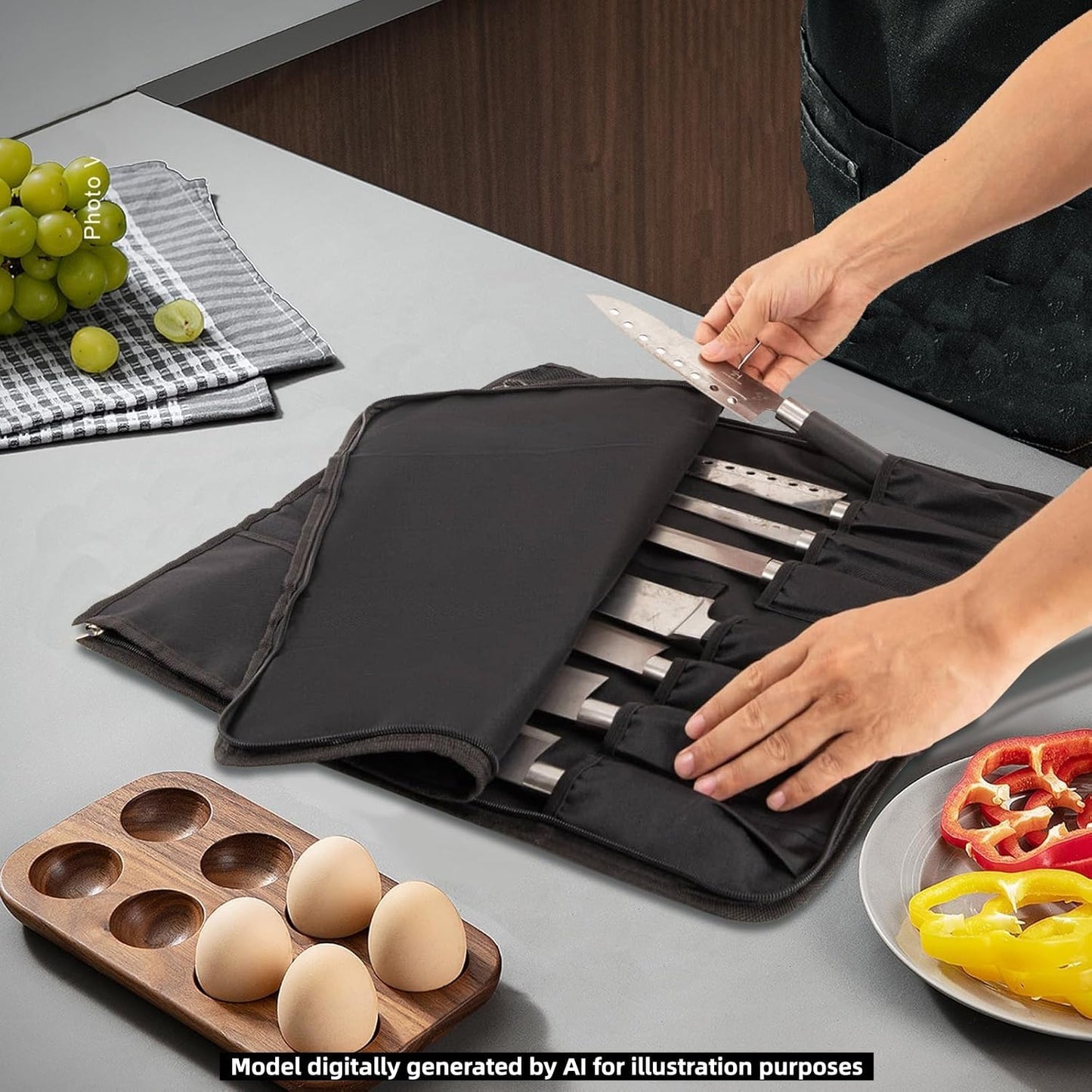 Chef Knife Roll Bag, Oxford Cloth knife bags for chefs professional, Portable 15 Slots chef bag With Zipper Close, With Adjustable Shoulder Strap knife carrying case Hold Home Kitchen Knife Tools
