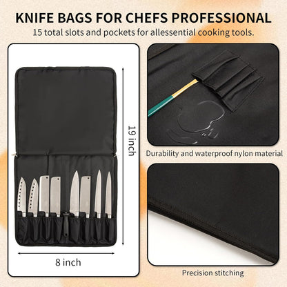 Chef Knife Roll Bag, Oxford Cloth knife bags for chefs professional, Portable 15 Slots chef bag With Zipper Close, With Adjustable Shoulder Strap knife carrying case Hold Home Kitchen Knife Tools