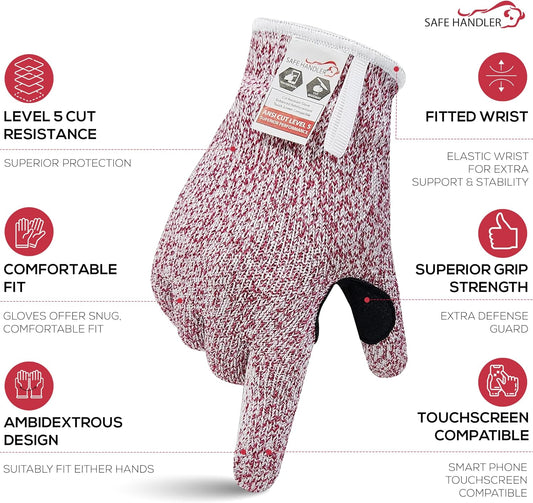 SAFE HANDLER Level 5 Reinforced Cut Resistant Gloves for Kitchen, Industrial Environments | Touchscreen Compatible, Ambidextrous, Superior Grip Strength, Pink - Small