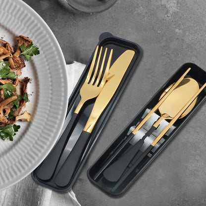 Black Portable Flatware Cutlery Set, TWUTGAYW Stainless Steel Travel Utensils with Case, Reusable Chopsticks Knife Spoons and Forks Set, Gold Camping Utensils Set for Lunch, Office, School, Picnic