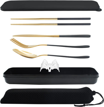 Black Portable Flatware Cutlery Set, TWUTGAYW Stainless Steel Travel Utensils with Case, Reusable Chopsticks Knife Spoons and Forks Set, Gold Camping Utensils Set for Lunch, Office, School, Picnic