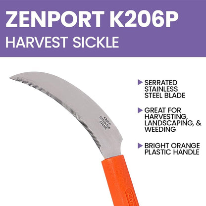 K206P Stainless Steel Sickle, A+ Grade, Plastic Handle, 4.3-Inch Blade , Orange