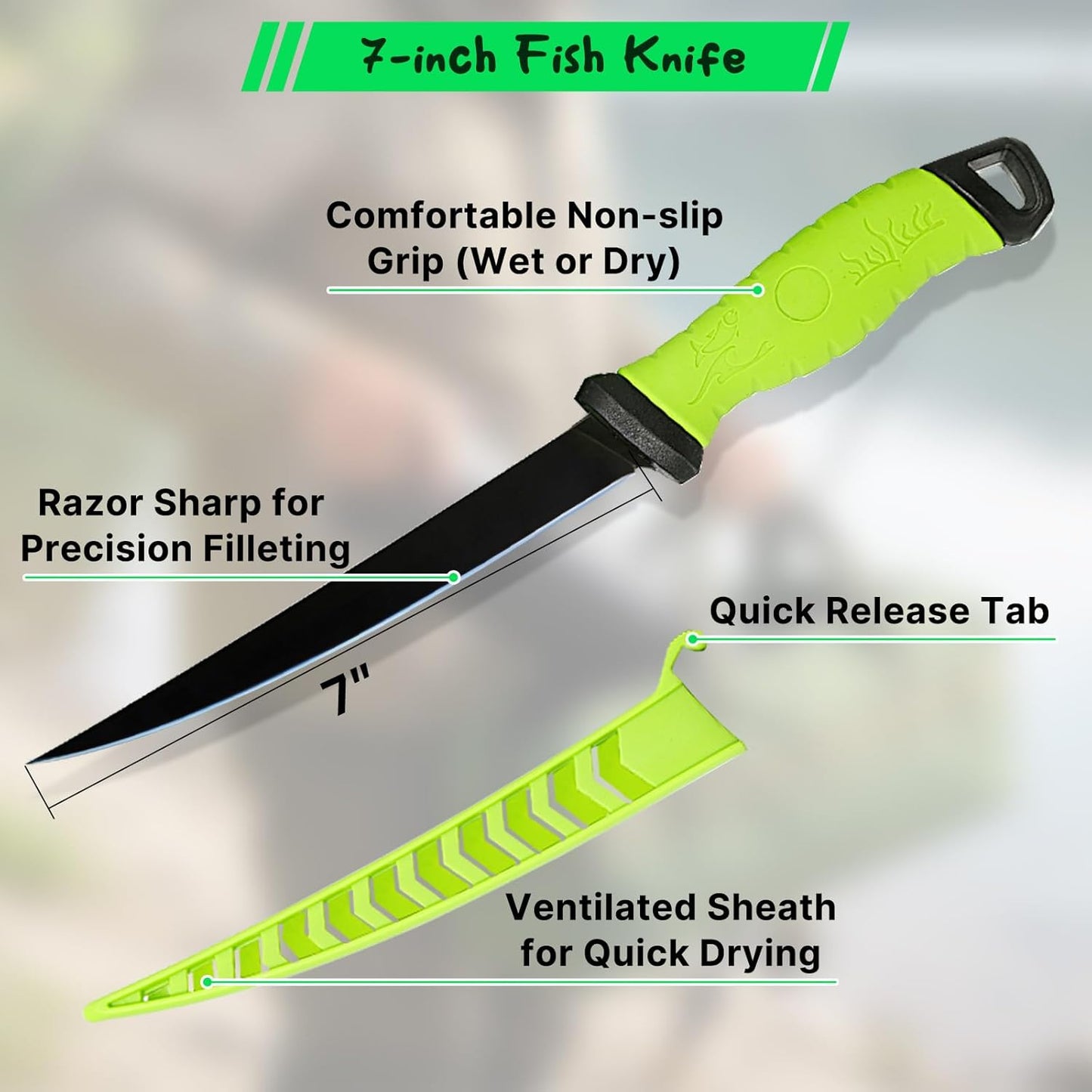 Fish Fillet Mat Kit With 25" Ruler, 7" filet knife & Storage Bag - Non-Slip Texture Portable & Durable Cleaning Cutting Board for Easy Filleting,Fishing gear, 29.5"x15.5"
