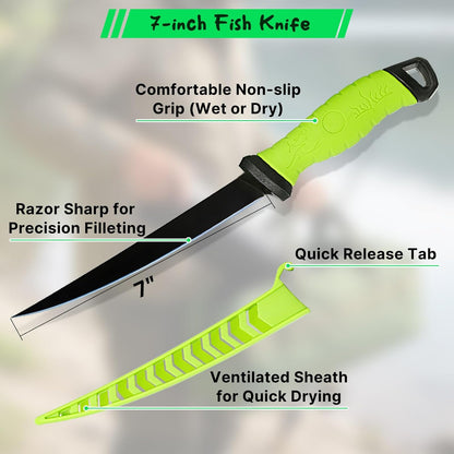 Fish Fillet Mat Kit With 25" Ruler, 7" filet knife & Storage Bag - Non-Slip Texture Portable & Durable Cleaning Cutting Board for Easy Filleting,Fishing gear, 29.5"x15.5"