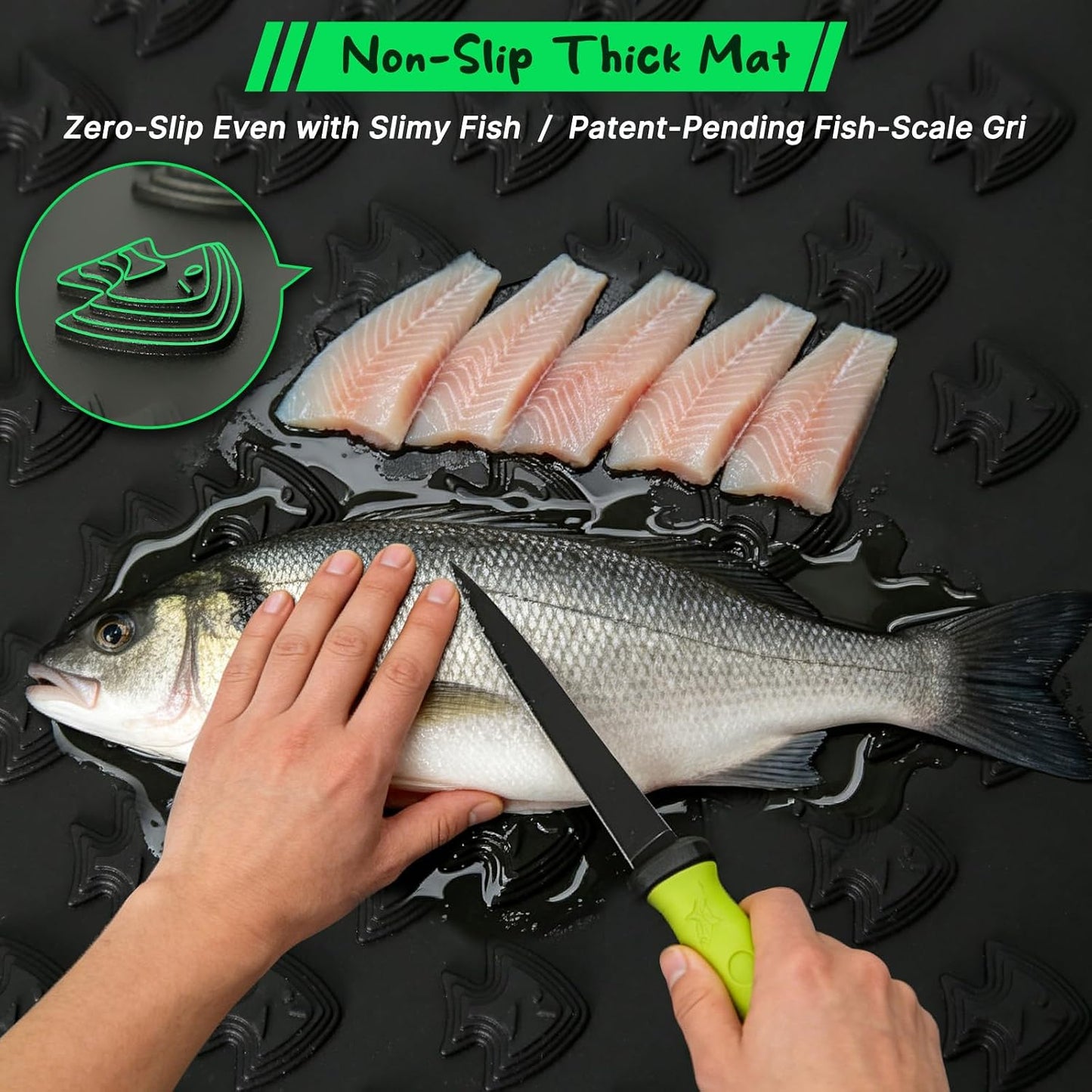 Fish Fillet Mat Kit With 25" Ruler, 7" filet knife & Storage Bag - Non-Slip Texture Portable & Durable Cleaning Cutting Board for Easy Filleting,Fishing gear, 29.5"x15.5"