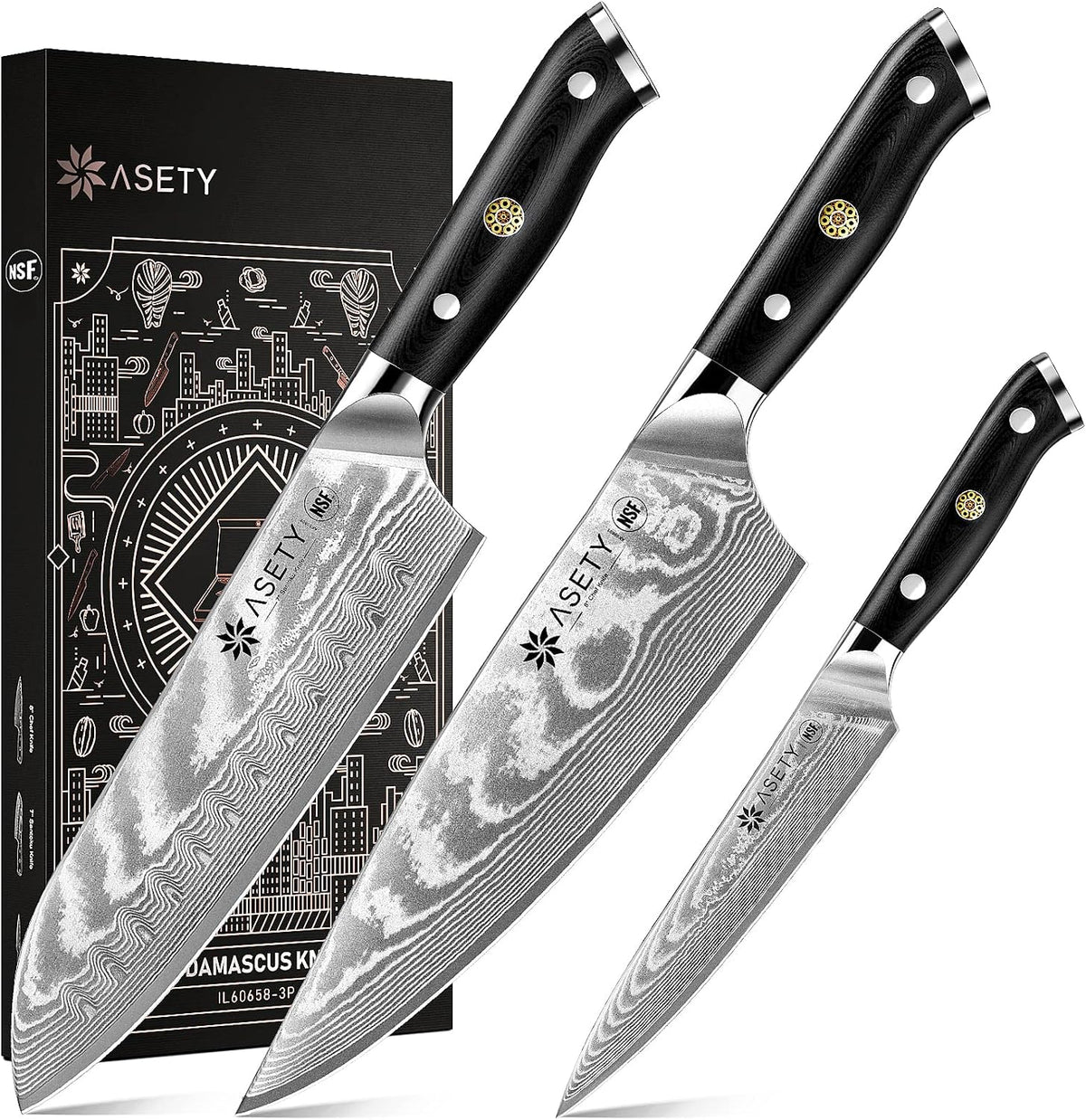 Damascus Knife Set 3 PCS, Japanese Kitchen Knives with G10 Handle