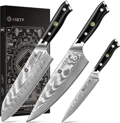Damascus Knife Set 3 PCS, Japanese Kitchen Knives with G10 Handle