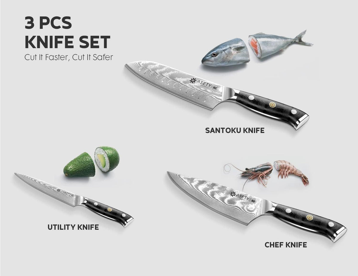Damascus Knife Set 3 PCS, Japanese Kitchen Knives with G10 Handle