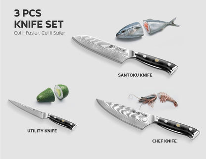 Damascus Knife Set 3 PCS, Japanese Kitchen Knives with G10 Handle